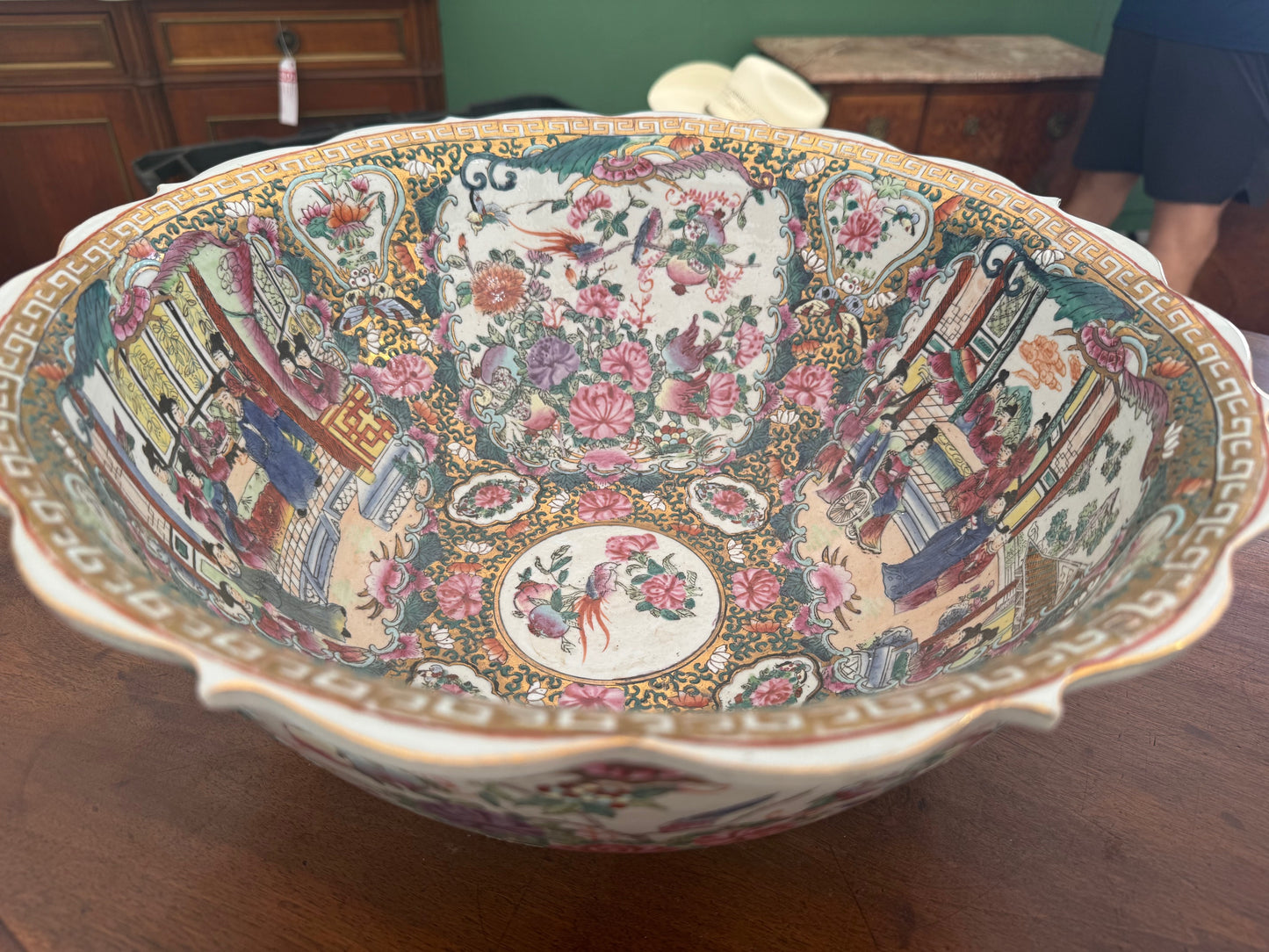 Rose Medallion Punch Bowl with Greek Key and Scallop Edge