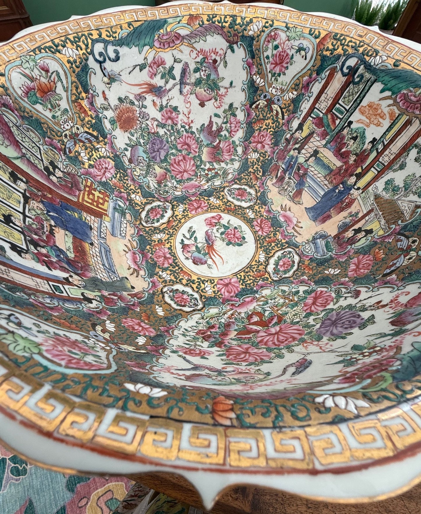 Rose Medallion Punch Bowl with Greek Key and Scallop Edge