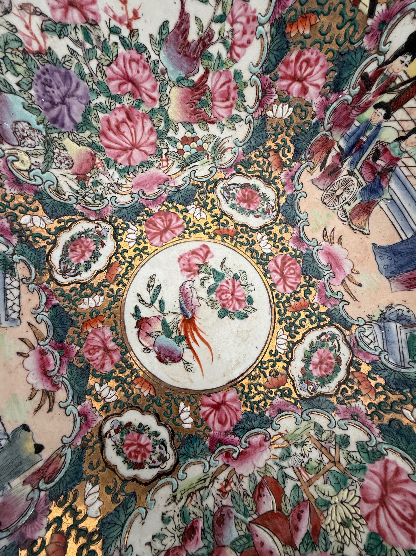 Rose Medallion Punch Bowl with Greek Key and Scallop Edge