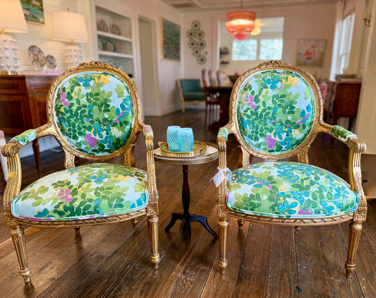 Set of 2 French Louis XVI Giltwood Chairs with Bow Detail